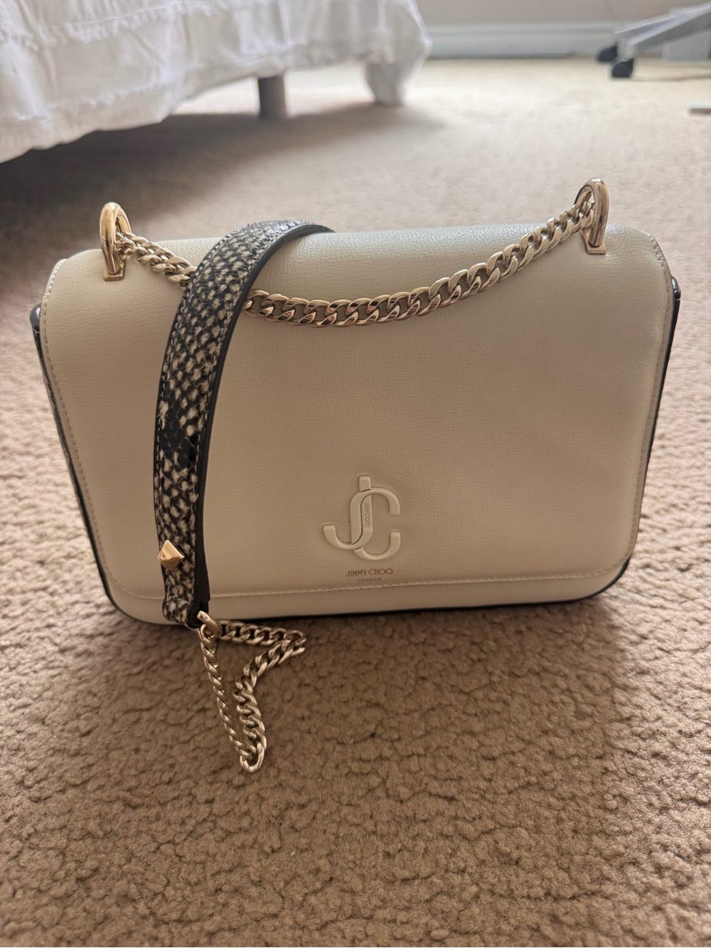 Jimmy Choo Cream Leather Shoulder Bag with Gold Chain and Snake-Print Strap